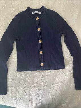 Zara Navy Knit Cardigan with Gold Medallion Buttons